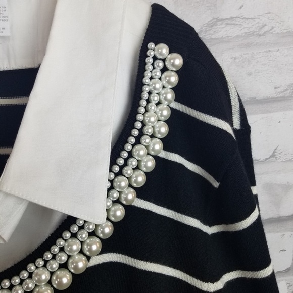 CHARTER CLUB imitation Striped Pearl Embellished Sweater size MP elegant classic - Picture 4 of 10